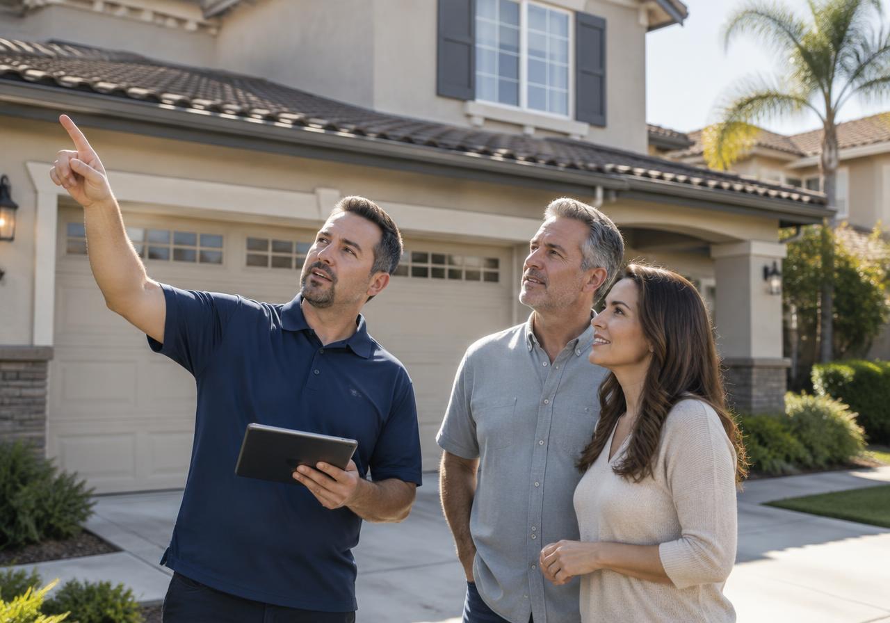 Roofing estimator reviewing a roof with homeowners