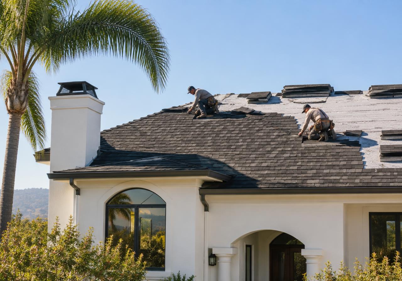 Roofers installing a new roof on a Southern California home