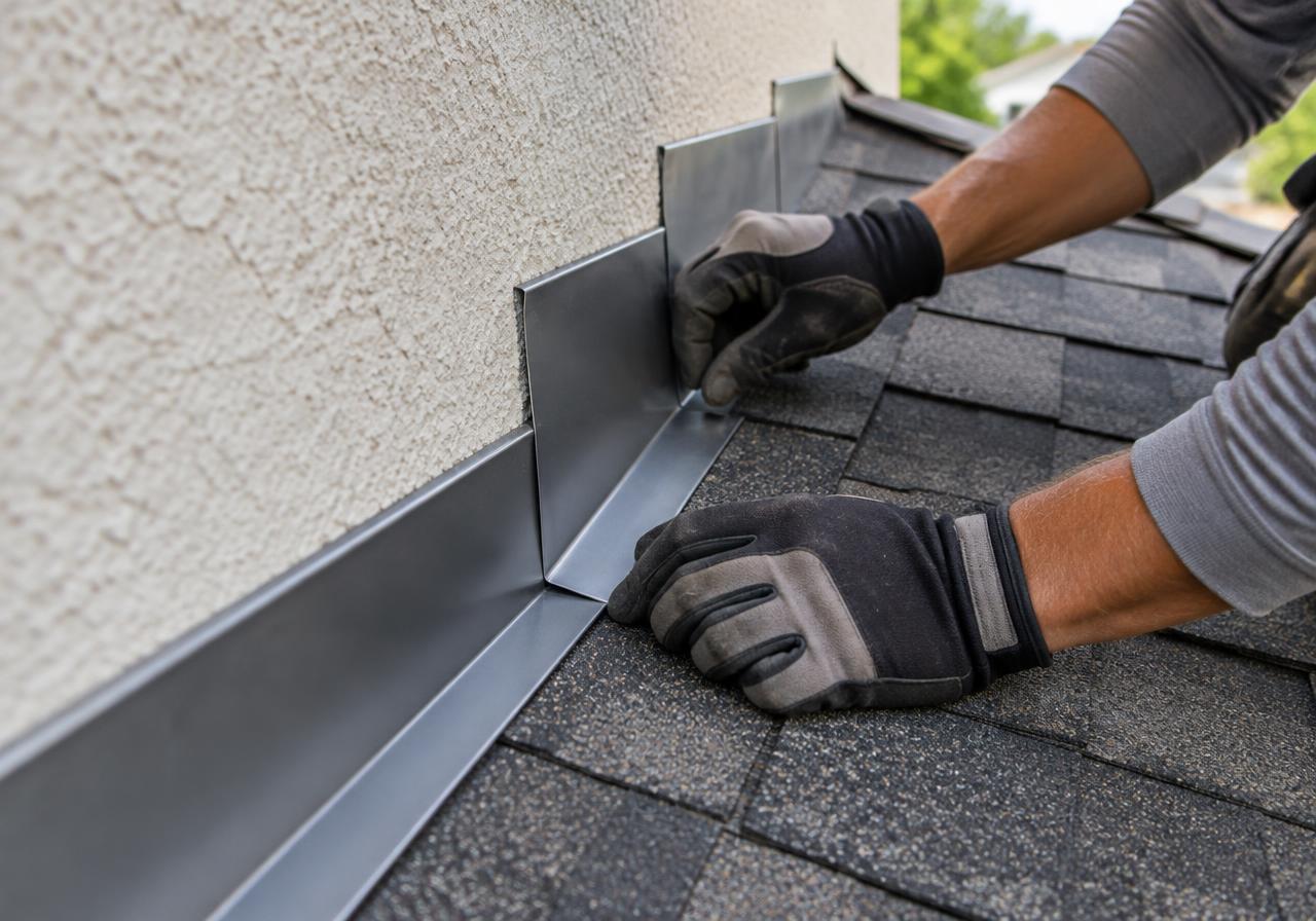 Roofer installing new metal flashing on a shingle roof