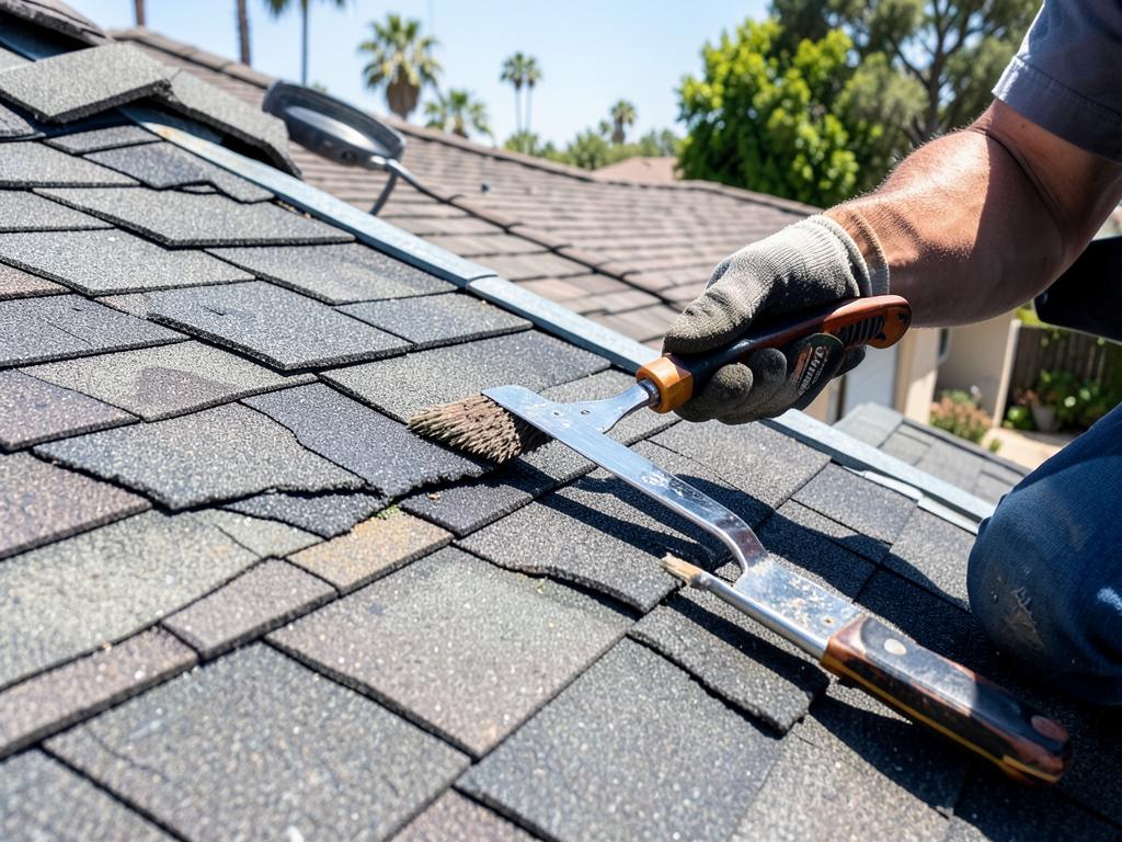 Roofing professional repairing damaged shingles on a Southern California home