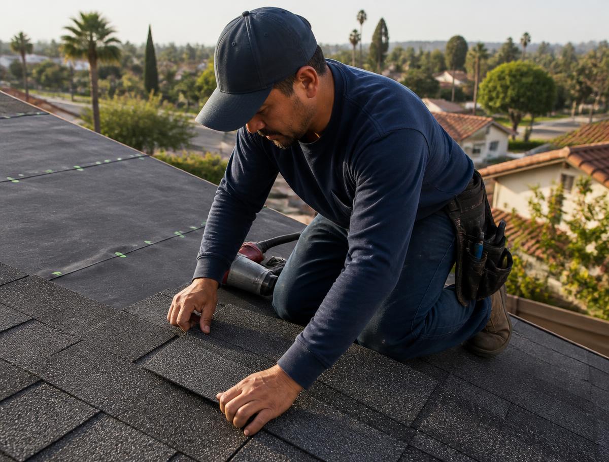 Roofing professional installing new architectural shingles on a residential roof