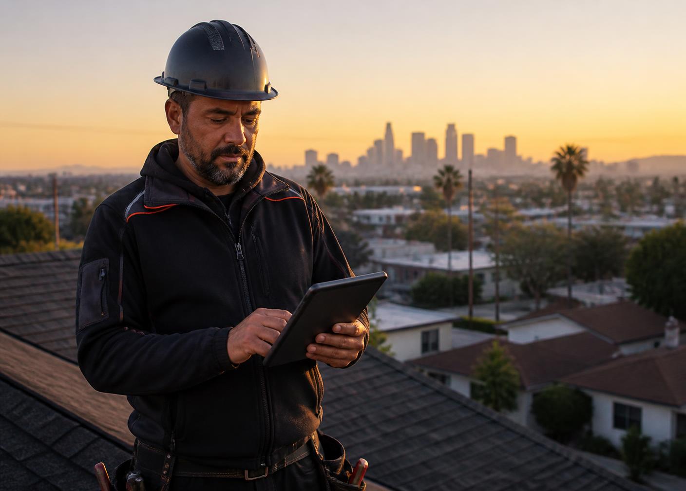 Roofing professional reviewing project details on a tablet
